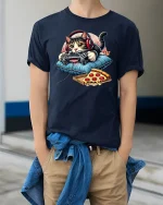 Gamer Cat T-Shirt Funny Pizza and Controller Design - model wearing navy tee with hands in pockets