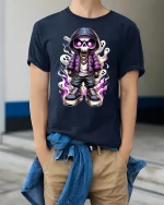 Cool Skeleton T-Shirt Streetwear Ghost Flame Design - model wearing navy tee with hands in pockets