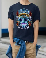 Aztec Warrior Mask T-Shirt Tribal Ancient Art Tee - model wearing navy tee with hands in pockets