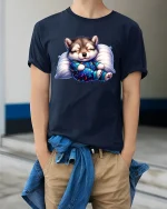 Cute Sleeping Puppy T-Shirt Cozy Dream Night Design - model wearing navy tee with hands in pockets