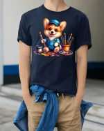 Cute Corgi Painter T-Shirt Funny Artist Dog Design - model wearing navy tee with hands in pockets