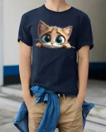 Cute Big Eye Cat T-Shirt Adorable Kitty Lover Tee - model wearing navy tee with hands in pockets