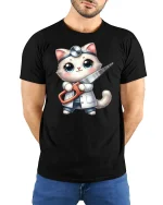 Funny Surgeon Cat T-Shirt Cute Medical Kitty Design - model wearing black tee with hands behind back