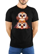 Funny Owl Duo T-Shirt Cute Cartoon Bird Lovers Tee - model wearing black tee with hands behind back