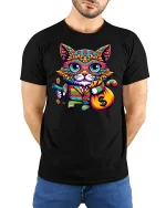 Funny Money Cat T-Shirt Cool Colorful Rich Kitty Tee - model wearing black tee with hands behind back