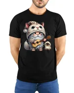 Cute Cat Gnome T-Shirt Funny Guitar Playing Kitty Tee - model wearing black tee with hands behind back