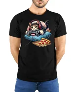 Gamer Cat T-Shirt Funny Pizza and Controller Design - model wearing black tee with hands behind back