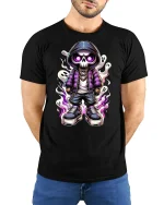 Cool Skeleton T-Shirt Streetwear Ghost Flame Design - model wearing black tee with hands behind back