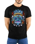 Aztec Warrior Mask T-Shirt Tribal Ancient Art Tee - model wearing black tee with hands behind back
