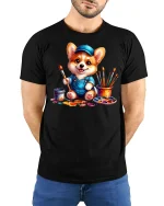 Cute Corgi Painter T-Shirt Funny Artist Dog Design - model wearing black tee with hands behind back