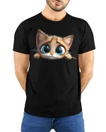 Cute Big Eye Cat T-Shirt Adorable Kitty Lover Tee - model wearing black tee with hands behind back