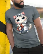 Funny Surgeon Cat T-Shirt Cute Medical Kitty Design - model wearing grey tee, leaning on column