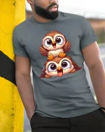 Funny Owl Duo T-Shirt Cute Cartoon Bird Lovers Tee - model wearing grey tee, leaning on column