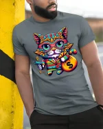Funny Money Cat T-Shirt Cool Colorful Rich Kitty Tee - model wearing grey tee, leaning on column