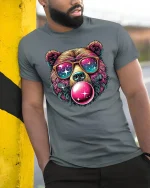 Cool Galaxy Bear T-Shirt Funny Bubblegum Graphic Tee - model wearing grey tee, leaning on column