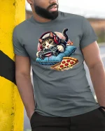 Gamer Cat T-Shirt Funny Pizza and Controller Design - model wearing grey tee, leaning on column