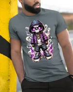 Cool Skeleton T-Shirt Streetwear Ghost Flame Design - model wearing grey tee, leaning on column