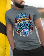 Aztec Warrior Mask T-Shirt Tribal Ancient Art Tee - model wearing grey tee, leaning on column