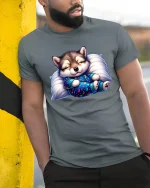 Cute Sleeping Puppy T-Shirt Cozy Dream Night Design - model wearing grey tee, leaning on column