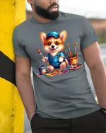 Cute Corgi Painter T-Shirt Funny Artist Dog Design - model wearing grey tee, leaning on column