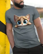 Cute Big Eye Cat T-Shirt Adorable Kitty Lover Tee - model wearing grey tee, leaning on column