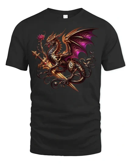 Majestic Dragon Sword T-Shirt - Fantasy Warrior Tee - black t-shirt on white background
