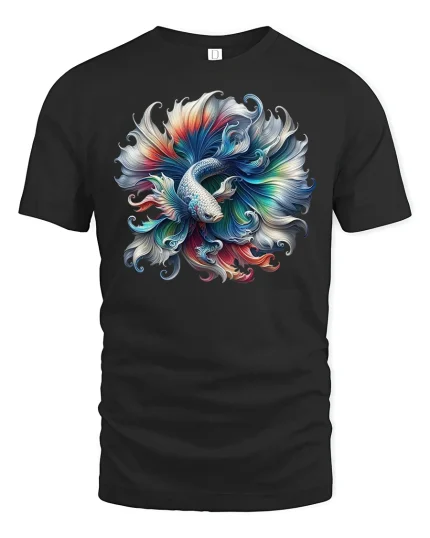 Colorful Betta Fish T-Shirt - Artistic Ocean Style Tee - black t-shirt on white background