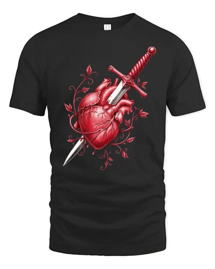 Heart and Dagger T-Shirt - Gothic Love Art Design Tee - black t-shirt on white background
