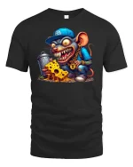 Gangsta Rat with Cheese Funny Cartoon Graphic T-Shirt - black t-shirt on white background