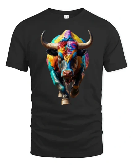 Colorful Bull Power T-Shirt - Bold Artistic Animal Tee - black t-shirt on white background