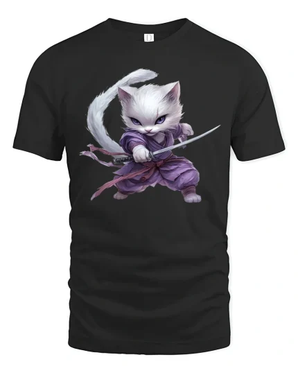 Samurai Cat Warrior T-Shirt - Cool Ninja Kitty Tee - black t-shirt on white background