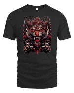 Fierce Red Tiger T-Shirt - Bold Asian Warrior Style - black t-shirt on white background