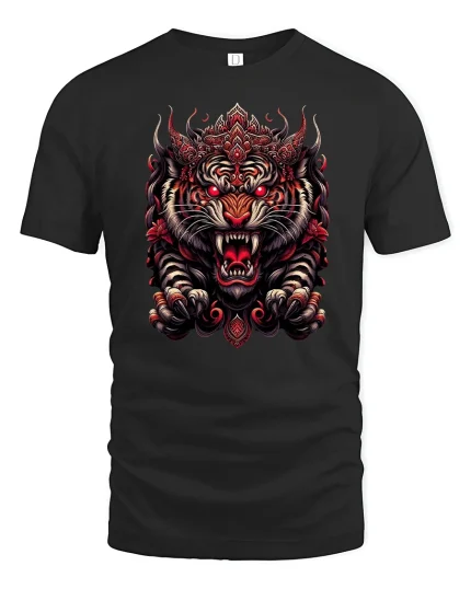 Fierce Red Tiger T-Shirt - Bold Asian Warrior Style - black t-shirt on white background