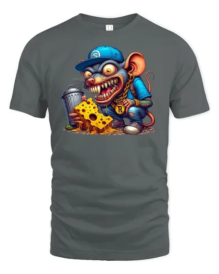 Gangsta Rat with Cheese Funny Cartoon Graphic T-Shirt - gray t-shirt on white background