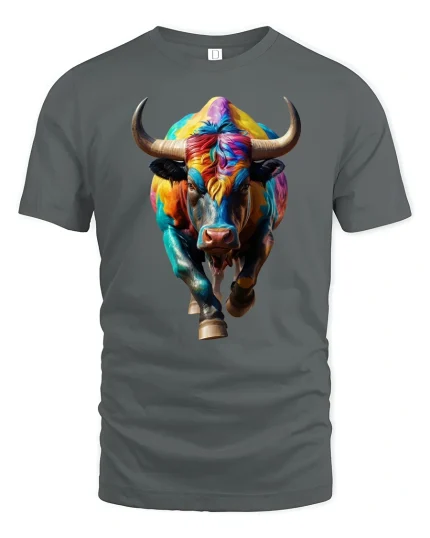 Colorful Bull Power T-Shirt - Bold Artistic Animal Tee - gray t-shirt on white background