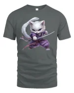 Samurai Cat Warrior T-Shirt - Cool Ninja Kitty Tee - gray t-shirt on white background