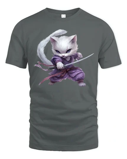 Samurai Cat Warrior T-Shirt - Cool Ninja Kitty Tee - gray t-shirt on white background