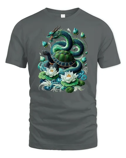Dragon and Turtle Power T-Shirt - Mythic Spirit Tee - gray t-shirt on white background
