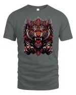 Fierce Red Tiger T-Shirt - Bold Asian Warrior Style - gray t-shirt on white background