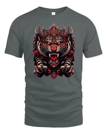 Fierce Red Tiger T-Shirt - Bold Asian Warrior Style - gray t-shirt on white background