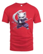Samurai Cat Warrior T-Shirt - Cool Ninja Kitty Tee - red t-shirt on white background