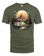Mountain Camper Adventure T-Shirt - Nature Travel Tee - military green t-shirt on white background