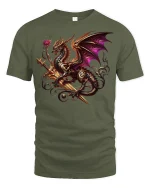 Majestic Dragon Sword T-Shirt - Fantasy Warrior Tee - military green t-shirt on white background