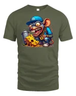 Gangsta Rat with Cheese Funny Cartoon Graphic T-Shirt - military green t-shirt on white background