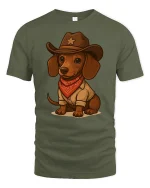 Cowboy Dog Funny T-Shirt - Cute Western Style Tee - military green t-shirt on white background