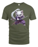 Samurai Cat Warrior T-Shirt - Cool Ninja Kitty Tee - military green t-shirt on white background