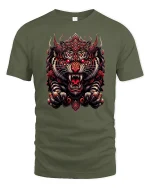 Fierce Red Tiger T-Shirt - Bold Asian Warrior Style - military green t-shirt on white background