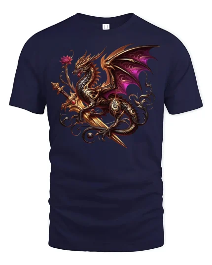 Majestic Dragon Sword T-Shirt - Fantasy Warrior Tee - navy t-shirt on white background