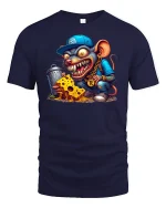 Gangsta Rat with Cheese Funny Cartoon Graphic T-Shirt - navy t-shirt on white background