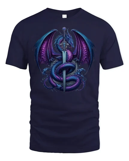 Mystic Dragon Sword T-Shirt - Epic Fantasy Art Tee - navy t-shirt on white background